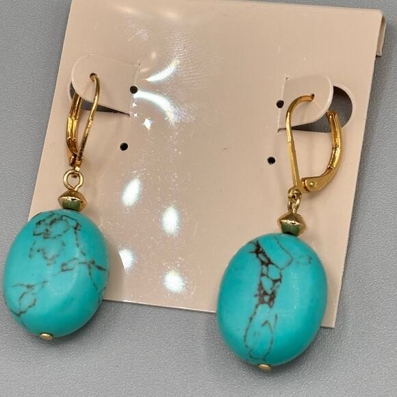 Western Rodeo Boho Turquoise Stone & Gold Dangle Earrings - Picture 2 of 4
